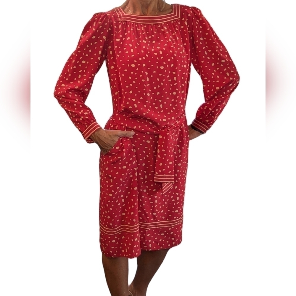 Vintage 80s Oleg Cassini Silk Polka Dot Belted Midi Dress 4